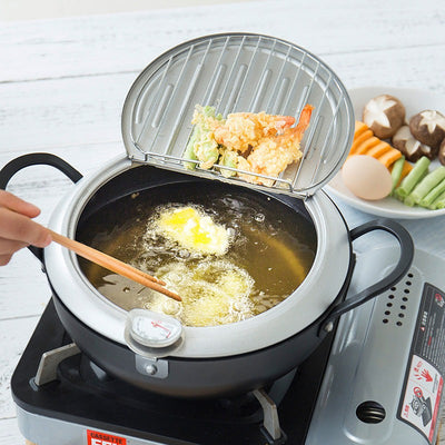 Stainless steel kitchen pot fryer with removable oil drain and thermometer for frying temp control