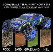 Blue and black induction remote control toy car driving on rock, sand, grassland, and hill terrains