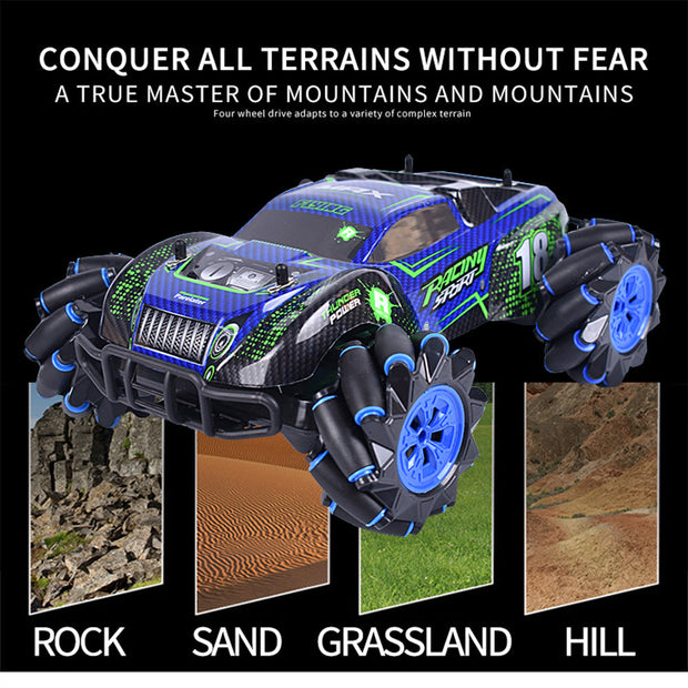 Blue and black induction remote control toy car driving on rock, sand, grassland, and hill terrains