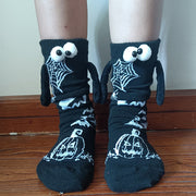 Halloween black hand socks with spider web and pumpkin design, breathable polyester cotton fabric, unisex, average size