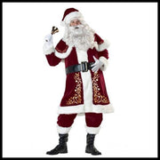 Adult Santa Claus Bar Christmas Costume with red velvet coat, white fur trim, black belt, and matching hat holding a bell