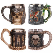 Set of 400ML 3D skull mugs made of stainless steel and resin with creative, detailed skull and dragon designs