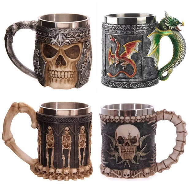 Set of 400ML 3D skull mugs made of stainless steel and resin with creative, detailed skull and dragon designs