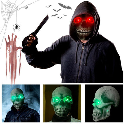 Halloween skull latex mask with movable mouth and glowing red and green LED eyes for cosplay and Halloween costumes