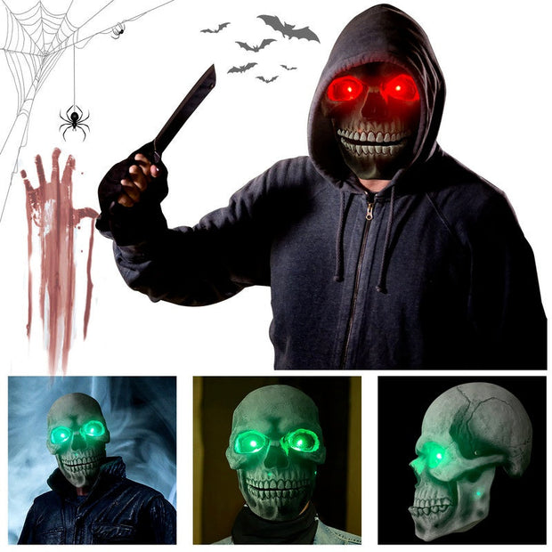 Halloween skull latex mask with movable mouth and glowing red and green LED eyes for cosplay and Halloween costumes