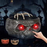 Halloween Candy Bowl with spooky skull design, glowing red eyes, and motion-activated skeleton hand for Halloween parties and trick-or-treaters.