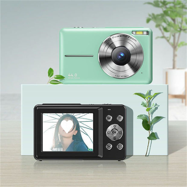 Compact HD digital camera in green with 44MP resolution, 16X zoom, 2.4-inch display, and multiple shooting modes.