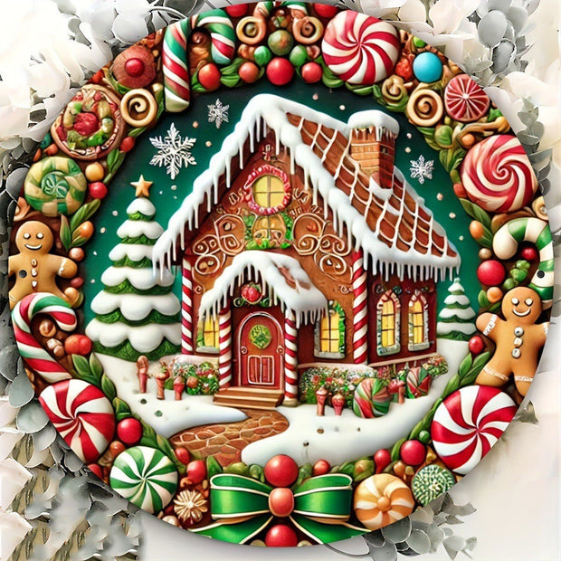Christmas Candy Gingerbread Man Christmas Tree House Round Wooden Sign Door Plate - My Store