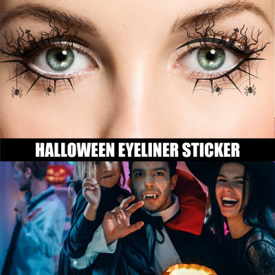 Close-up of green eyes with black spider web and spider Halloween eyeliner stickers applied, and a group of people in Halloween costumes at a party.